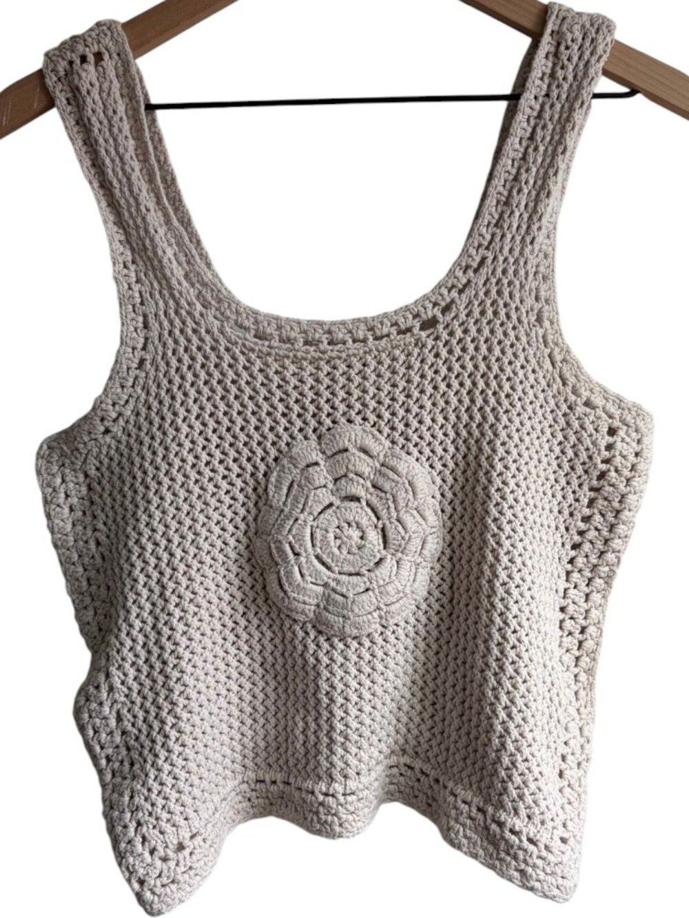 Cream Crocheted Tank Top With Rosette Flower Motif Size Medium
